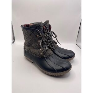 Marley Lilly Womens Herringbone Duck Boots Black Plaid Lined Ankle Rain Boots 6